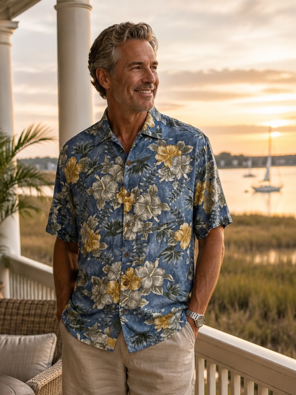 Tommy Bahama Blue Yellow Floral Silk Hawaiian Camp Shirt Men's Large